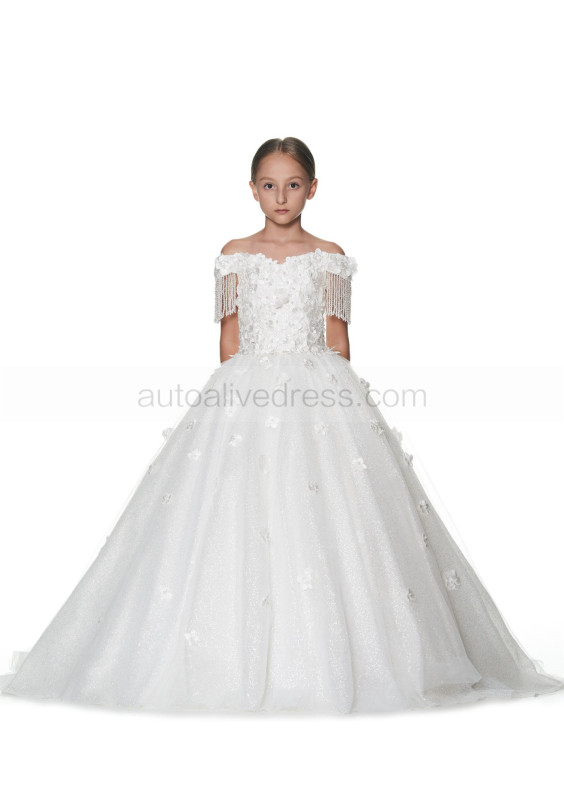 Off Shoulder Ivory Sparkly Flower Girl Dress With Crystal Fringe